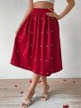 SHEIN Privé Wine Red Pearl Decor A-Line Skirt For Women