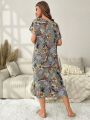 Plants Print Batwing Sleeve Nightdress