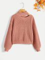 SHEIN Girls' Solid Color Casual Loose Fit High Neck Hollow Knit Sweater