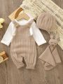 Baby Girl Solid Sweater Jumpsuit & Hat & Bib Without Tee