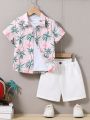 SHEIN Kids FANZEY Young Boy Casual Coconut Tree Pattern Short Sleeve Shirt And Shorts Outfit Set