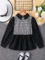 SHEIN Kids EVRYDAY Tween Girl Houndstooth Print Bow Front Peplum Blouse