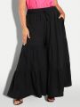 SHEIN CURVE+ Plus Size Women's Wide Leg Pants With Tie Waist And Ruffled Hem