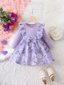 SHEIN Baby Girl Floral Print Ruffle Trim Bow Front Dress