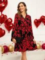 EMERY ROSE Valentine's Day Women Lace Trimmed Neckline Lantern Sleeve Dress