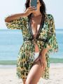 SHEIN Swim Vcay Women'S Leopard Printed Hollow Out Woven Ribbon Tie Kimono