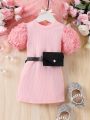 Baby Girls' 3d Flower Bubble Sleeve Dress With Waist Bag