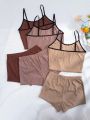 3pcs Contrast Binding Cami Top & 3pcs Bow Front Shorts Lounge Set