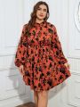 SHEIN LUNE Plus Size Flower Pattern Lantern Sleeve Dress