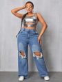 Plus Size Women's High Rise Distressed Straight Leg Jeans