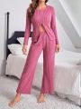 Ladies' Pure Color Ribbed Knitted Home Wear Set