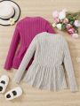 SHEIN Kids HYPEME Girls' Retro Simple Street Style Knit Solid Color Round Neck Long Sleeve Top