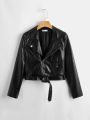 SHEIN Teen Girls Zip Up Belted PU Leather Moto Jacket