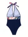 SHEIN Swim Classy Women'S One Piece Swimsuit With Floral Print And Halter Neck Design