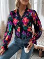 SHEIN LUNE Tie-dye Lace Patchwork V-neck Blouse