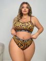 Women'S Plus Size Leopard Print Letter & Straps Design Bra And Panty Set