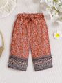 SHEIN Baby Girl Casual Floral Print Colorblocked Pants With Belt For Holiday