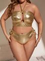 SHEIN Swim Basics Plus Size Hollow Out Detail Metallic Bikini Swimsuit Set