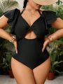 SHEIN Swim Vcay Plus Size Pure Color Twist Knot & Hollow Out Design One-Piece Swimwear With Ruffle Hem
