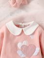 Newborn Baby Heart Embroidery Peter Pan Collar Jumpsuit With Headband