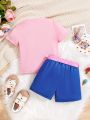Toddler Girls' Elegant Beautiful Casual Short Sleeve T-Shirt And Denim Look Shorts Set For Summer Daily Wear And Party