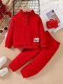 SHEIN Kids CHARMNG Young Girl Letter Patched Half Button Sweatshirt & Sweatpants