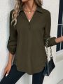 Roll Tab Sleeve Half Button Blouse