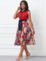 SHEIN Lady Women'S Printed Patchwork Belted Maxi Dress