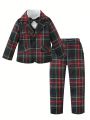 2pcs/set Boys' Gentleman Suit With Plaid Blazer And Pants