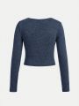 SHEIN Kids EVRYDAY Girls' Knitted Solid Color Round Neck Slim Fit Casual Long Sleeve T-Shirt