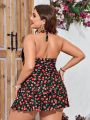 SHEIN Swim Mod Plus Size Women'S Cherry Print Halter One-Piece Swimsuit