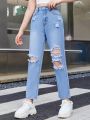 SHEIN Teen Girl Ripped Straight Leg Jeans