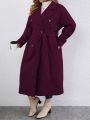 SHEIN Essnce Plus Size Double-breasted Turn-down Collar Woolen Coat
