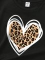 Tween Girls' Casual Leopard Print Heart Pattern Short Sleeve T-Shirt, Suitable For Summer