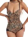 Women's Leopard Print Slimming Bodysuit With Straps