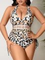 SHEIN Swim BAE Plus Size Full Print One-Piece Swimsuit With Drawstring And Side Hanging Neck Design
