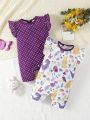 Baby Girls' Polka Dot Cartoon Printed Jumpsuit Shorts Set For Spring/Summer