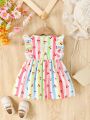 Baby Girls' Rainbow Striped Dress With Cherry Pattern And Flutter Sleeves