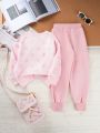 Little Girls' Letter Polka Dot Printed Sweatshirt And Sweatpants Two-Piece Set