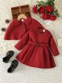 2pcs Baby Girls' Red Woolen Cape Coat For Elegant, Gorgeous, Cute, Daily, And Casual Occasions In Winter