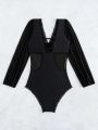 DAZY Solid Color Mesh Patchwork Frilled Trim Detailed One-Piece Swimsuit