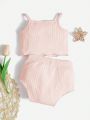 SHEIN Newborn Baby Girl Solid Color Ribbed Knit Set