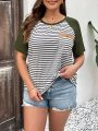 SHEIN LUNE Plus Size Color-blocking Striped & Printed Short Sleeve Casual T-shirt