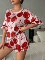 Cherry Print Drop Shoulder Ruffle Trim PJ Set