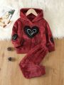 Girls' Fleece Lined Heart Printed Hoodie And Long Pants Set For Autumn And Winter