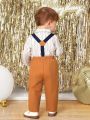 SHEIN Baby Boy Striped Bow Front Shirt & Suspender Pants