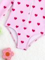 Baby Heart Print Zipper Front One Piece Swimsuit