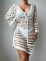SHEIN Swim BohoFeel Women's Knit Hollow Out Tie Front Beach Cover Up