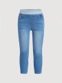 SHEIN Young Girls' Blue Fashionable And Casual Skinny Jeans Featuring Elastic Waistband, Spiral Pattern Patchwork