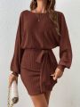 SHEIN Frenchy Solid Color Round Neck Batwing Sleeve Belted Long Sleeve Dress